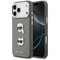 Etui Karl Lagerfeld FW Grained Karl & Choupette Heads Pins & Logo na iPhone 17 Pro Max - szare