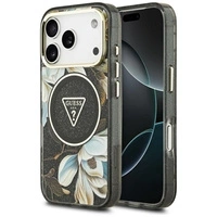 Etui Guess IML Glitter Flowers Triangle MagSafe do iPhone 17 Pro - czarne