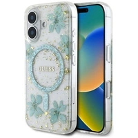 Etui Guess Resin Flowers Glitter MagSafe na iPhone 16 - przezroczysto-zielone