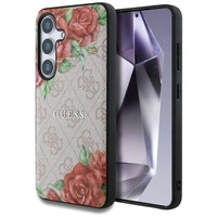Etui Guess Leather 4G Flowers Print Metal Classic Logo MagSafe na Samsung Galaxy S25 - różowe