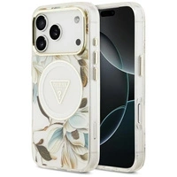 Etui Guess IML Glitter Flowers Triangle MagSafe do iPhone 17 Pro - białe